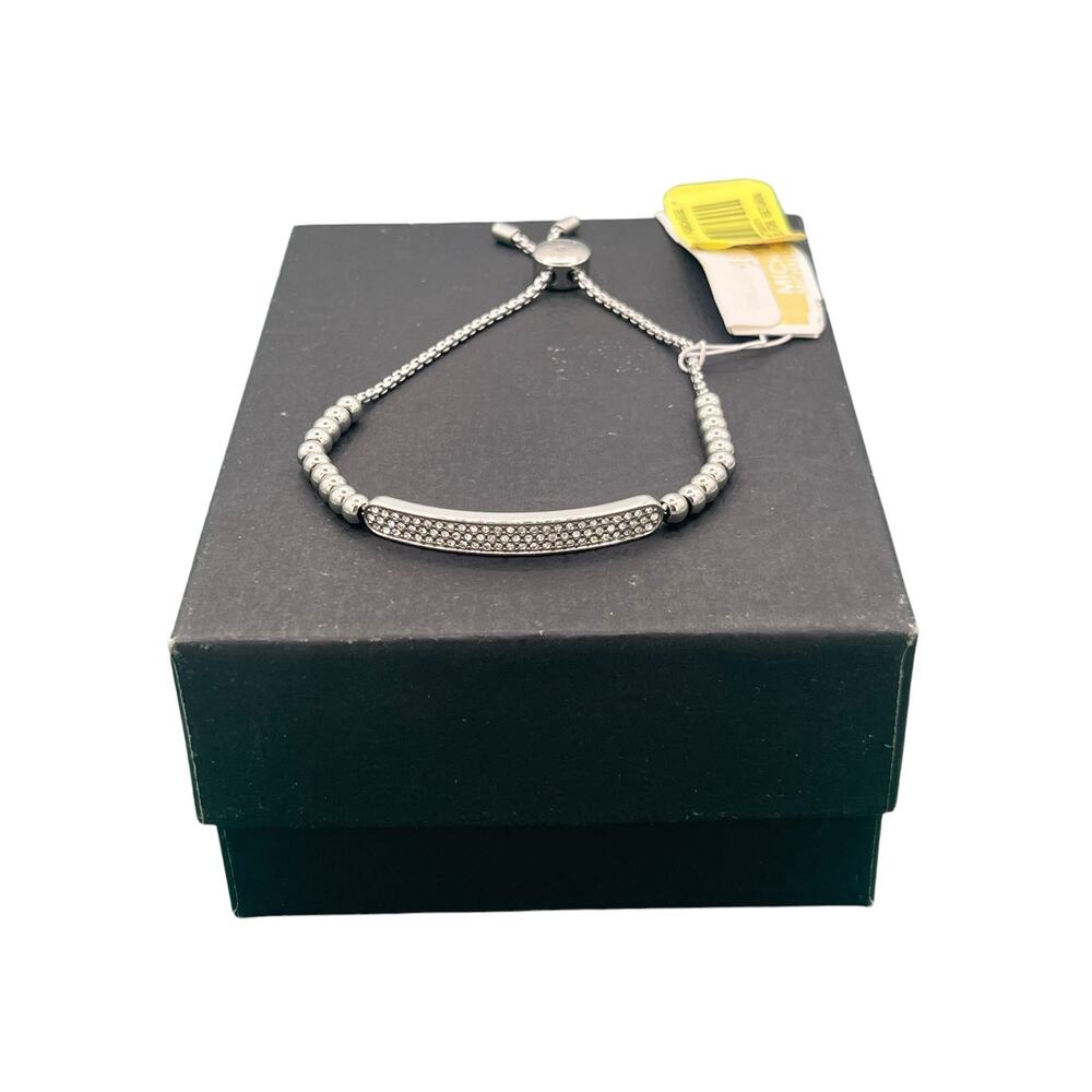 Michael Kors Logo Plaque Silver Beaded Slider Bracelet / Crystals